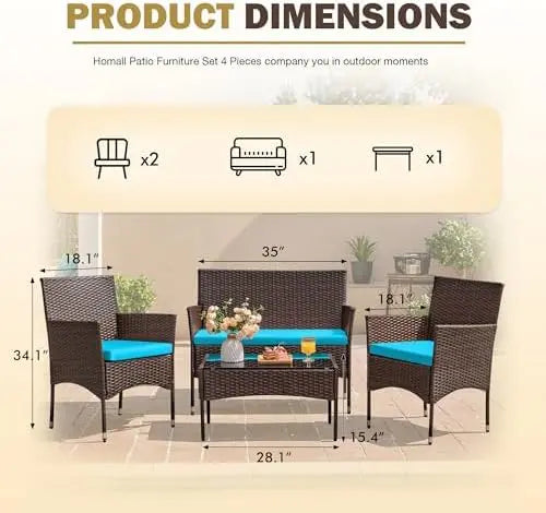 Homall 4-Piece Rattan Patio Chair Set Blue | Indoor/Outdoor, Backyard, Porch, Garden, Poolside