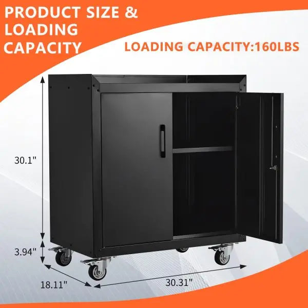Rolling Metal Garage Storage Cabinet 2-Door Lockable Tool Chest with Adjustable Shelves (34″H x 30.3″L x 18″W)