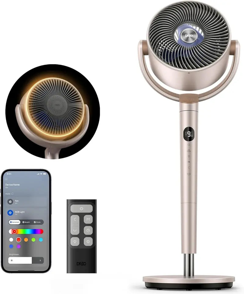 DREO RGB Smart Pedestal Fan: 120°+120° Omni-Oscillation, 9-Speed Quiet DC Motor, 8H Timer, Wi-Fi & Voice Control with Ambient Lighting
