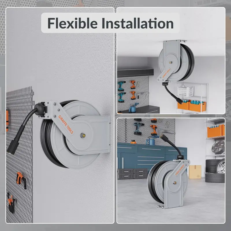 Giraffe Tools Wall-Mounted Pressure Washer Hose Reel Auto-Rewind, Adjustable Length Lock & Durable Construction