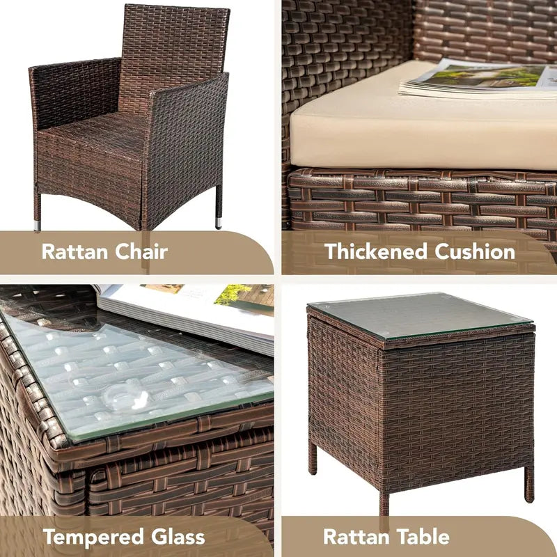 Devoko 3-Piece PE Rattan Patio Set Brown and Beige Wicker Chairs with Matching Outdoor Table