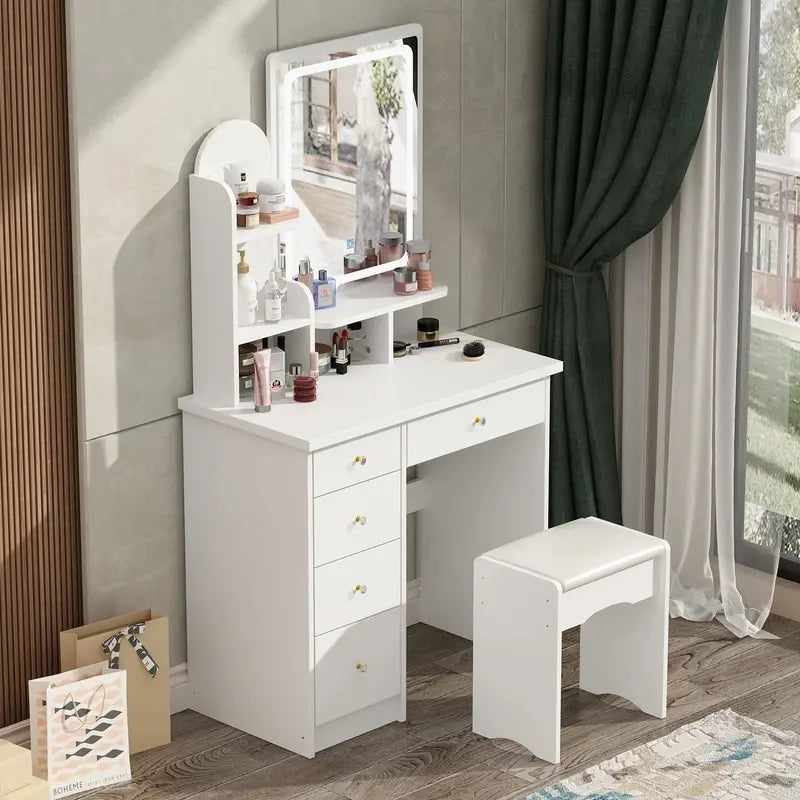 LED-Lit Makeup Vanity Desk Set Includes Mirror, Adjustable Lighting, and Matching Stool