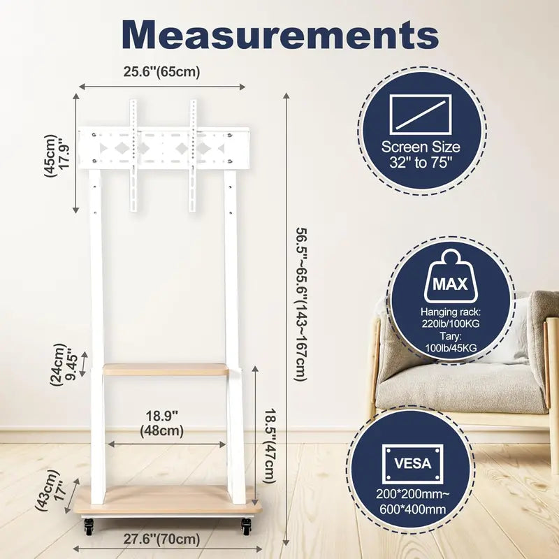 Hellsehen Mobile TV Stand Adjustable Height Rolling Cart with Casters for Flat-Screen TVs