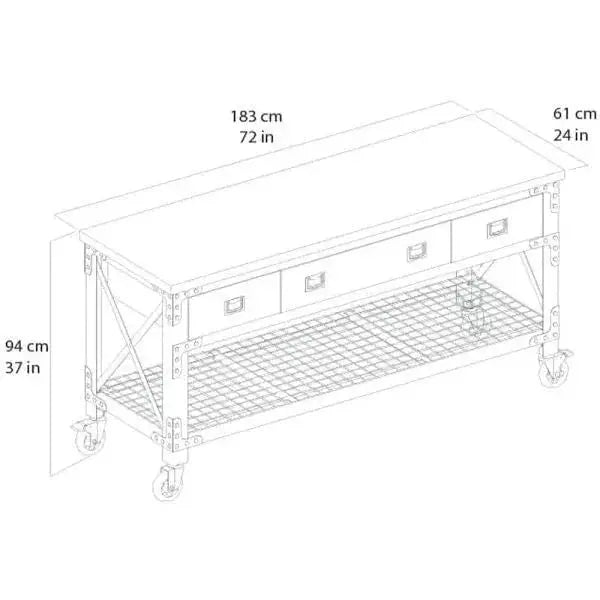 Building Products 72-Inch Rolling Industrial Workbench 3-Drawer Steel Base with Solid Wood Top
