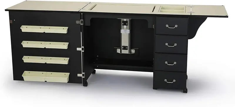 Heavy-Duty Sewing Cabinet with Lift Mechanism, Storage Compartments & Black Finish