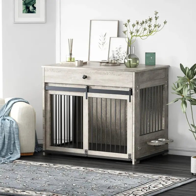 Wooden Dog Crate Furniture Stylish Indoor Kennel with Rotating Bowl, Flip-Up Door & Storage Drawer