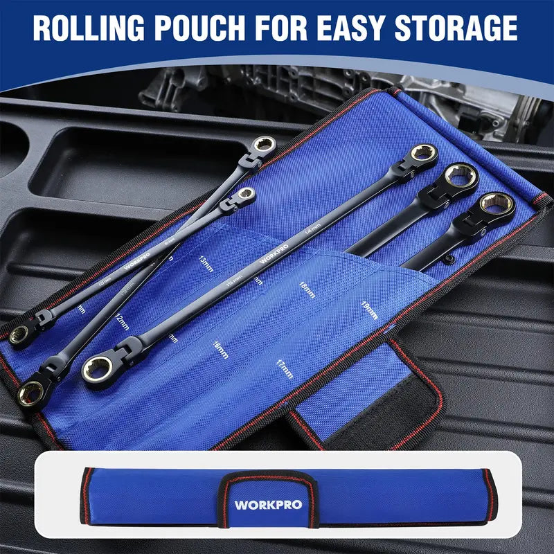 WORKPRO 5-Piece Extra-Long Flex-Head Ratcheting Wrench Set — Metric Sizes 819 mm, Rolling Pouch Included