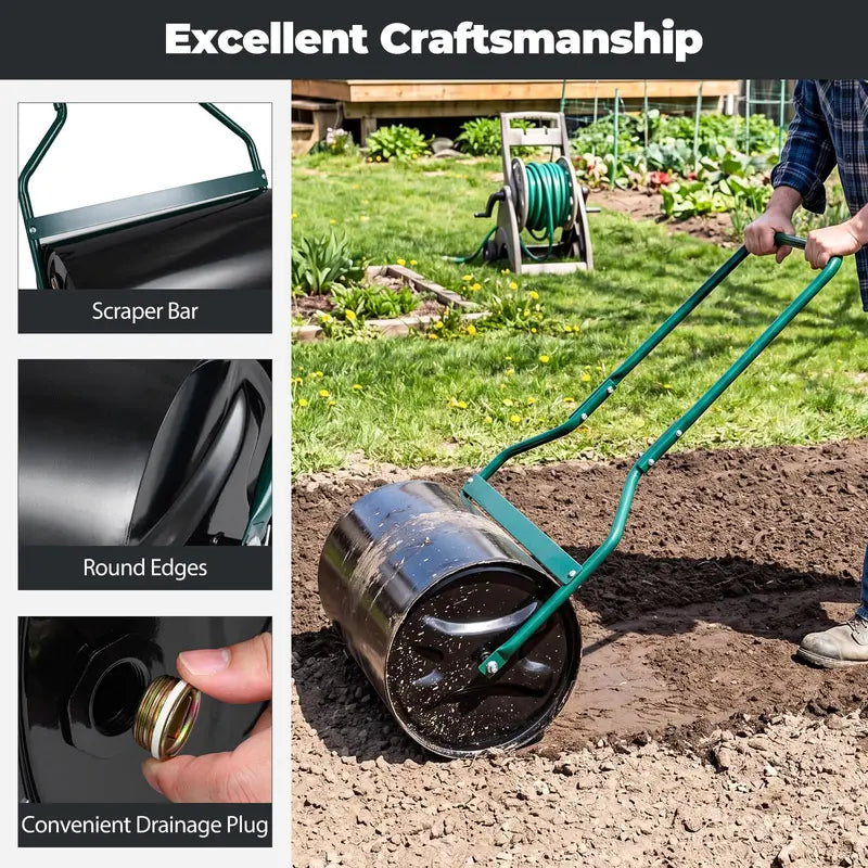 12-Gallon Lawn Roller Water- or Sand-Filled Drum with U-Handle for Smooth Soil Compaction