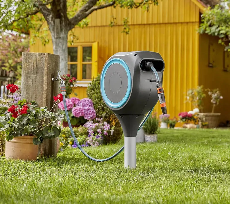 66-Foot Automatic Retractable Garden Hose Reel Mountable Metal Spike Base with 360° Swivel for Full-Yard Coverage