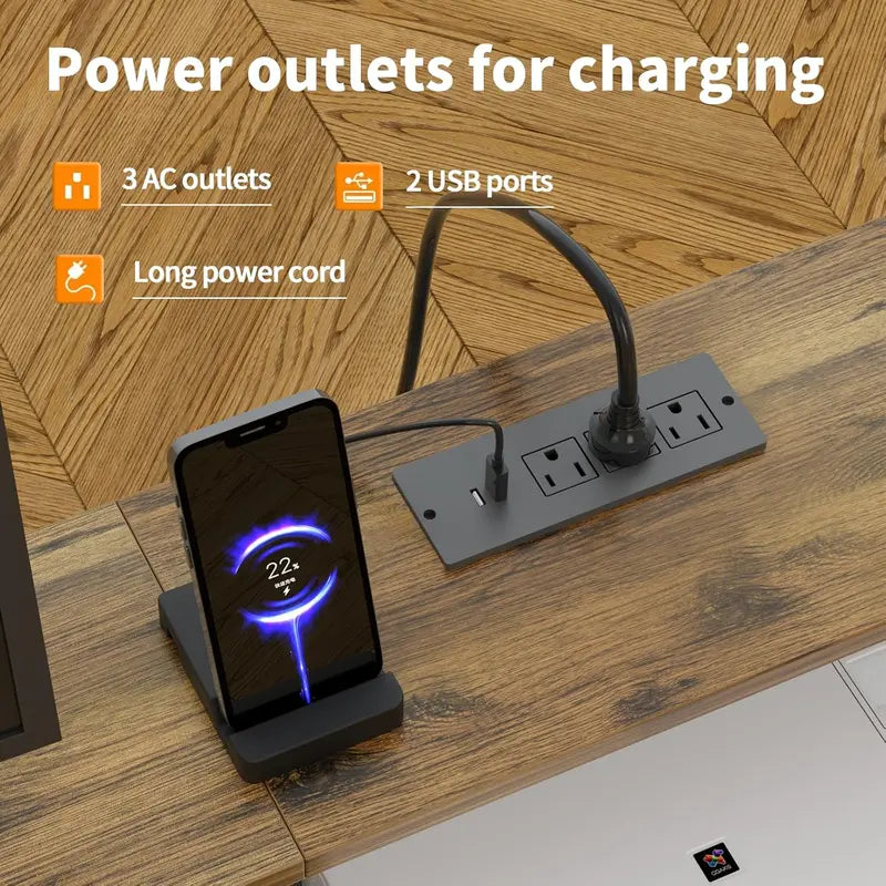 Dual-User LED Desk with Charging Station Long Study Table Featuring Dual Monitor Riser, USB Ports, Outlets & Storage Drawers