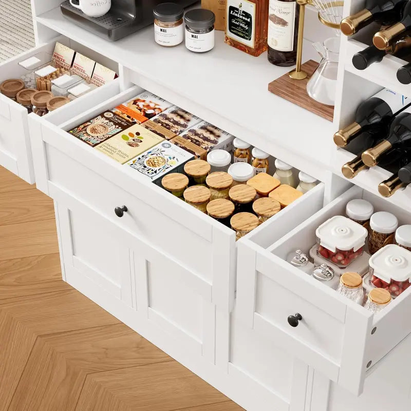 White 72-Inch Tall Kitchen Pantry Integrated Wine Rack & Microwave Stand with Ample Storage