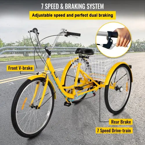 26-Inch Adult Tricycle 7-Speed 3-Wheel Cruiser with Front Basket