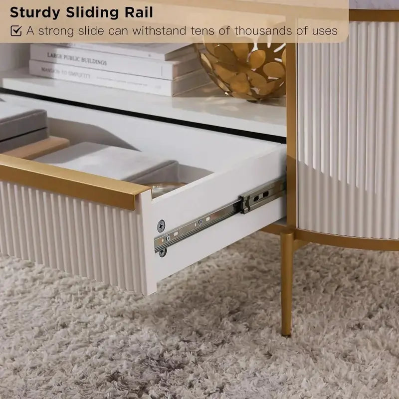 OKD Luxury Oval Coffee Table 48-Inch Grooved Design with Imitation Marble Top and Hidden Drawers