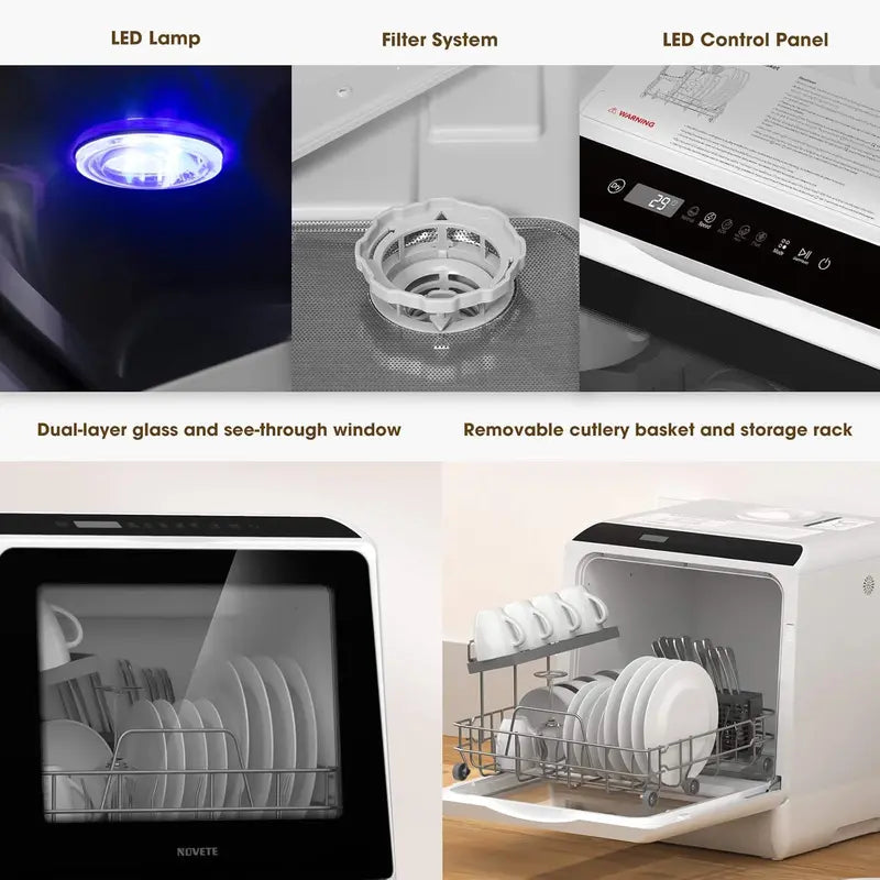 NOVETE Portable Countertop Dishwasher 5L Integrated Water Tank + Inlet Hose