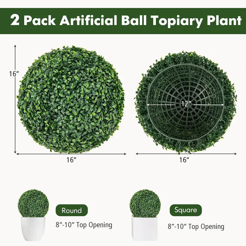 Set of Two 16-Inch Faux Boxwood Topiaries Compact Round Hedge Balls for Weddings & Home Styling