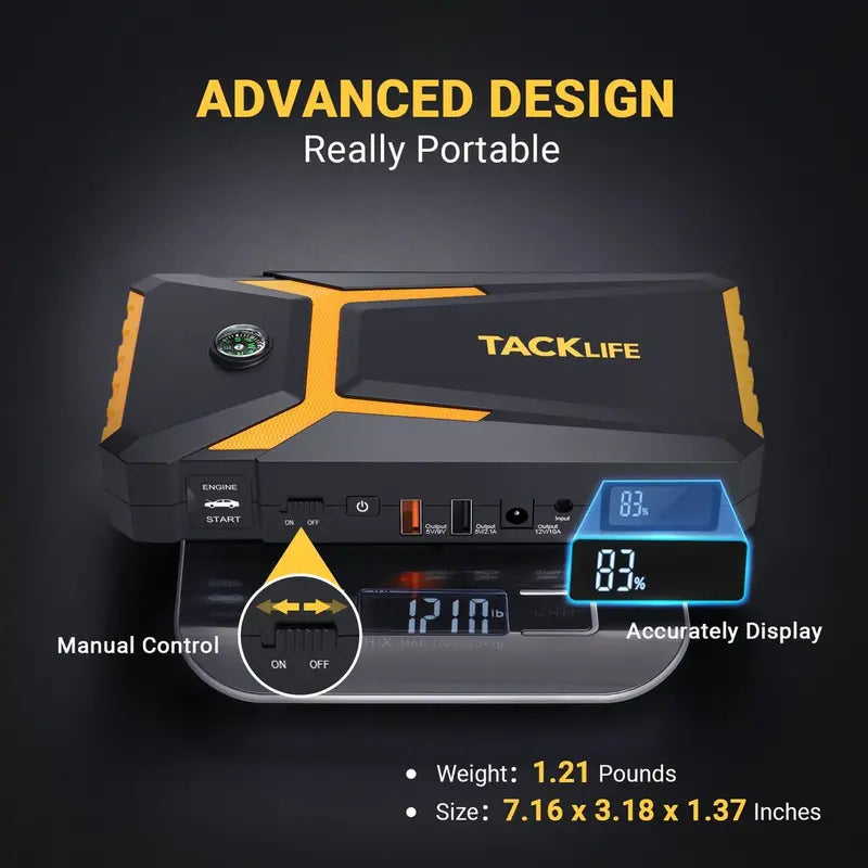 TACKLIFE T8 800A Car Jump Starter 18000mAh, Supports Gas (7.0L) & Diesel (5.5L), Quick-Charge & Safety Protection