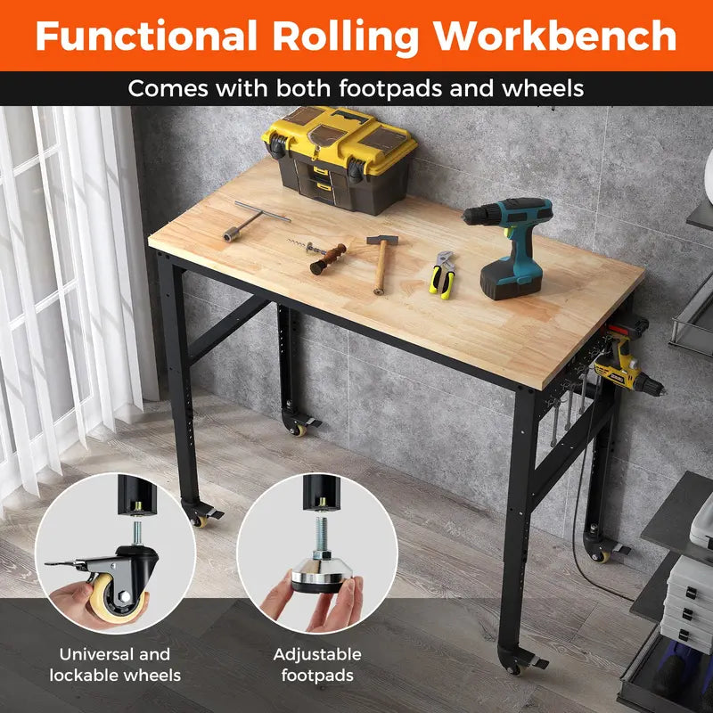 48-Inch Adjustable Workbench Heavy-Duty Oak Top with Non-Slip Pads