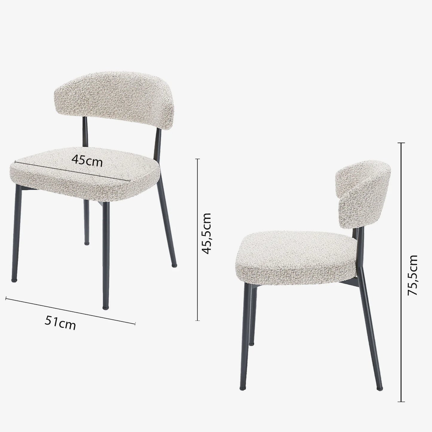 Lot de 2 chaises de salle manger en tissu bouclette gris et blanc & m tal noir Mona
