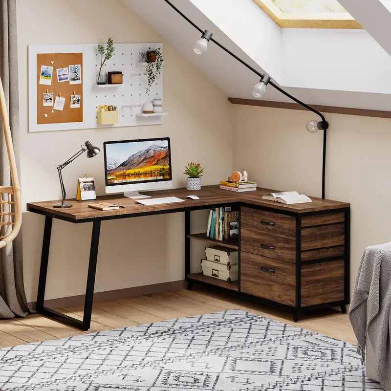 Reversible L-Shaped Computer Desk Industrial-Style Corner Office Desk with 3 Drawers & Shelves, Rustic Brown Finish, 53¡å Compact Workstation