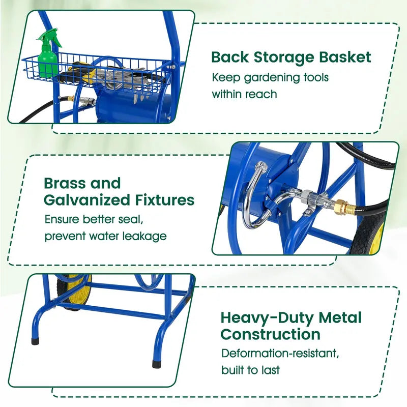 Heavy-Duty Metal Hose Cart Dual-Wheel Design with Basket, Holds Up to 230 ft of 5/8″ Hose