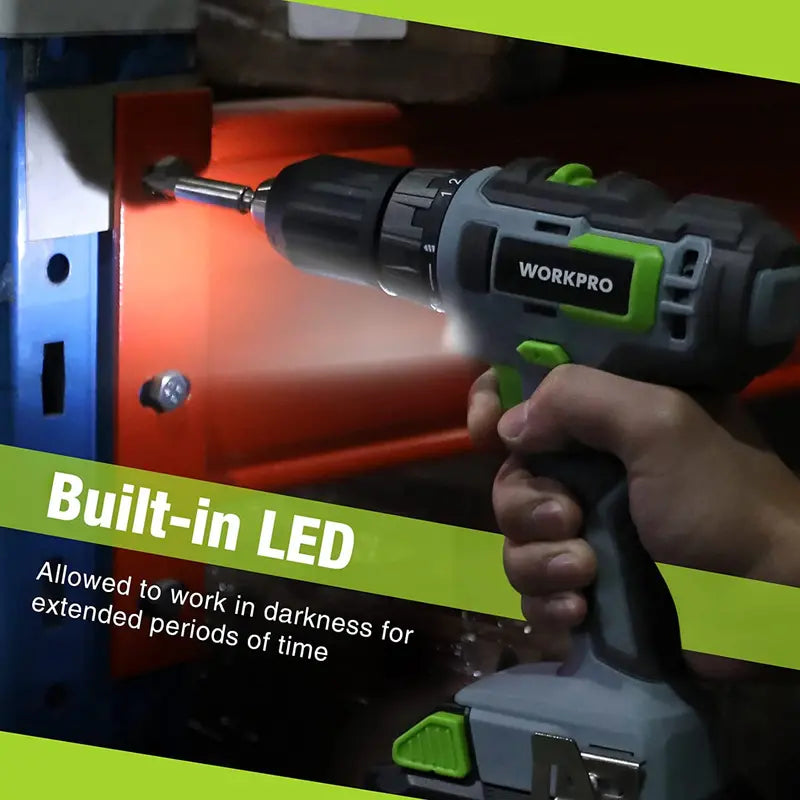 WORKPRO 20V Drill Driver Bundle: 2.0Ah Battery, 1-Hour Fast Charger & 11″ Green Tool Storage Bag