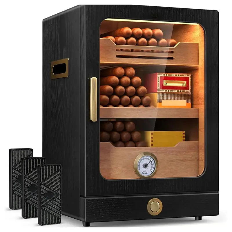 Premium Cigar Humidor Spanish Cedar Interior, Digital Hygrometer, Triple Humidifiers & Accessory Drawer