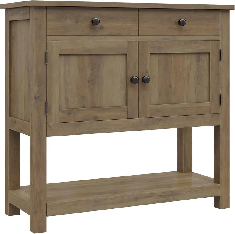 HOSTACK Farmhouse Console Table Rustic Brown Entryway or Coffee Bar with Cabinet, Drawers & Shelf
