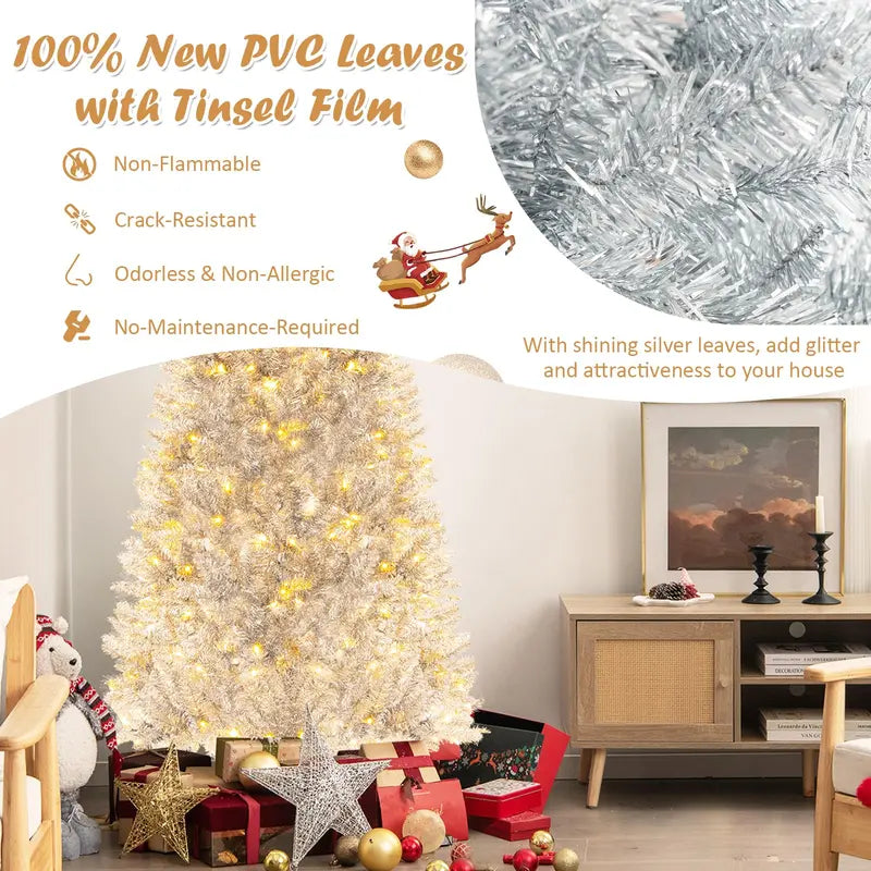 6-Foot Silver Pencil Christmas Tree Electroplated Tinsel Finish with Pre-Installed Lights