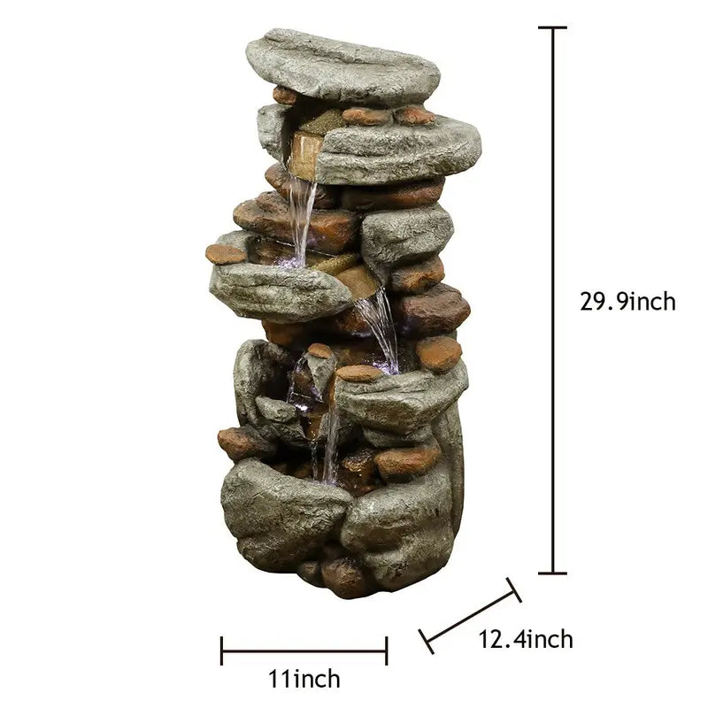 Watnature 4-Tier Rock Water Fountain with LED Lights Outdoor Water Fountains Cascading Floor Water Feature Art Decor for Garden, Pation, Deck, Porch