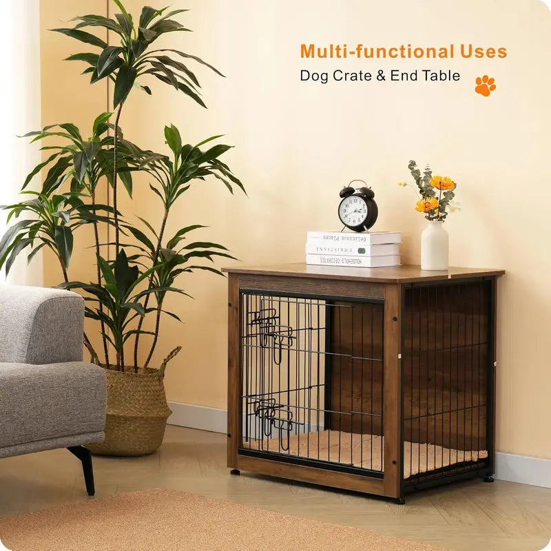 DWANTON Wooden Dog Crate Furniture with Cushion, Multi-Functional Pet Crate & Side Table, Durable & Chew-Resistant, Double Doors, Adjustable Feet