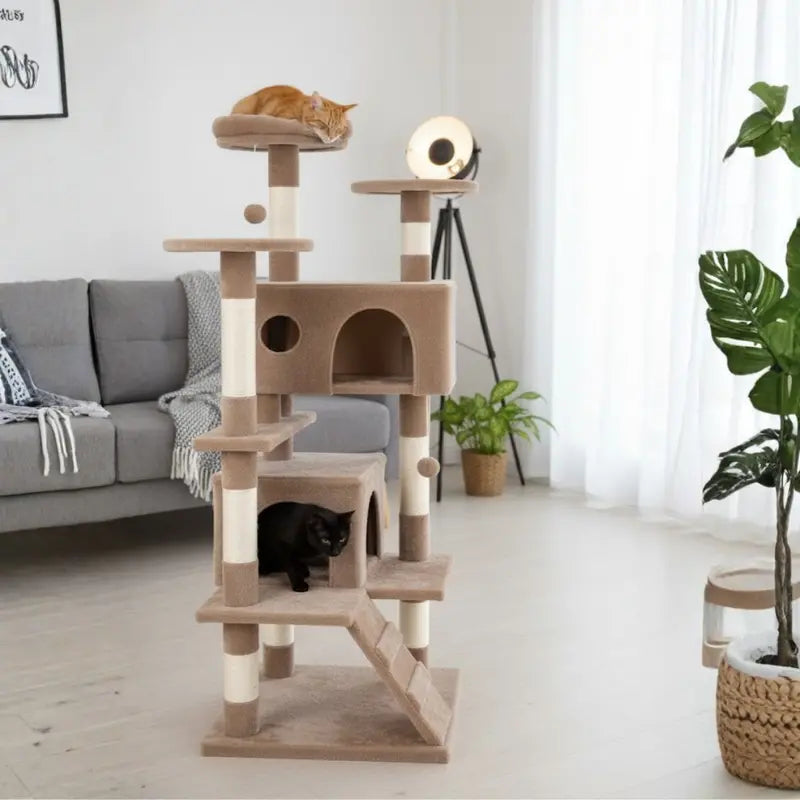 54-Inch Vertical Cat Tree Featuring Perches, Scratching Posts, and Access Ramp