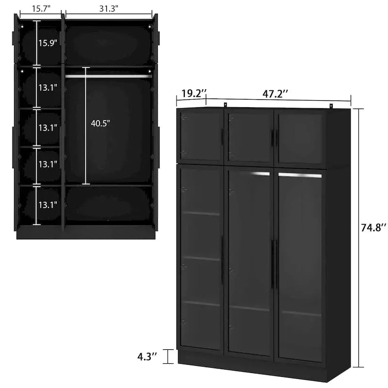 LED-Lit Glass Armoire 47.2″ Wide Wardrobe with Full-Glass Doors