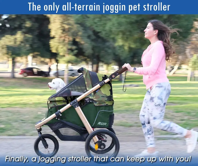 All-Terrain Pet Jogging Stroller Aluminum Frame, Zipper-Free Entry, One-Hand Fold, Rubber Wheels (Green Camo)