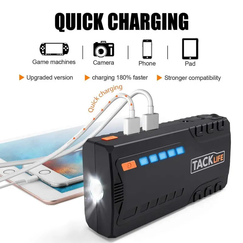 Tacklife T6 Car Jump Starter 800A Peak, 18000mAh, LCD Display, Quick-Charge, Safety-Protected (Gas up to 7.0L / Diesel up to 5.5L)