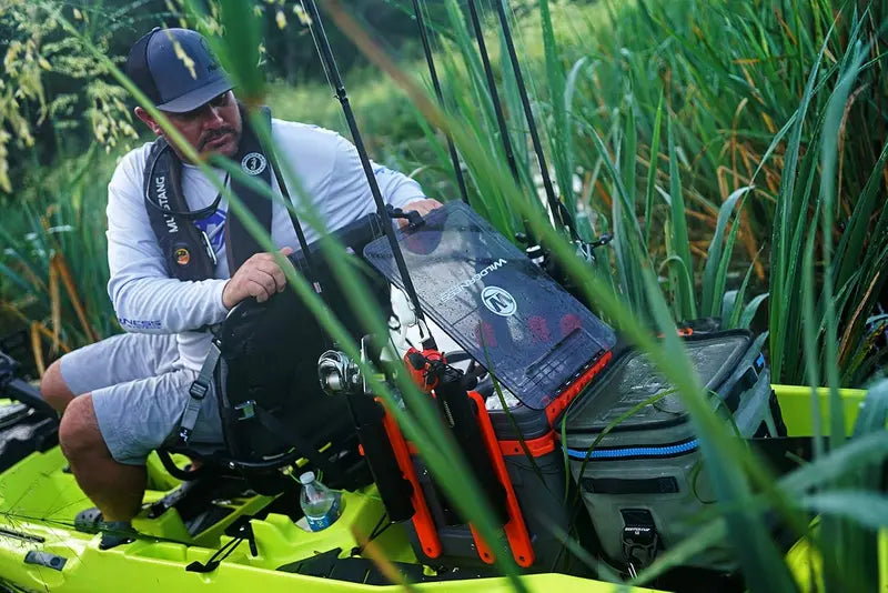 Kayak Krate Kayak Tackle Storage with 4 Rod Holders, Portable Plastic, Water Resistant, Fits Angler Boats