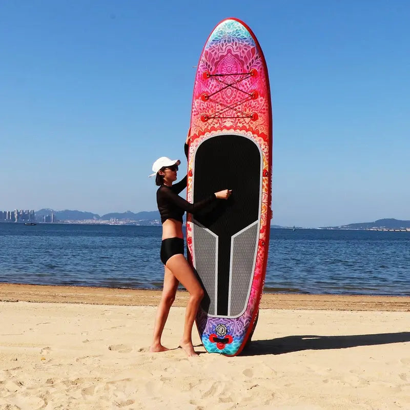 Wide Inflatable SUP Board Bundle Comes with Carry Bag, Hand Pump, 10L Dry Bag & Height-Adjustable Paddle