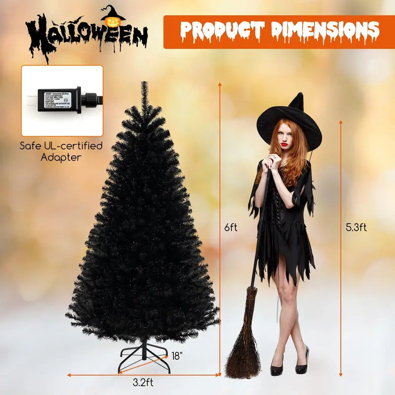6-8 ft Black Pre-Lit Halloween Tree Hinged Decorative Tree with 280500 Orange & Purple LED Lights