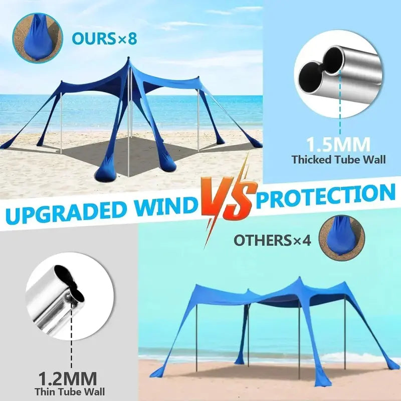 10′ x 10′ Heavy-Duty Beach Tent with UPF 50+ Sun Protection Portable Sand Anchor Canopy Shelter