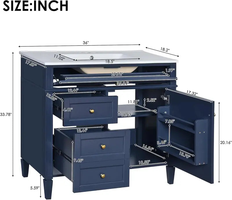 Modern 36-Inch Freestanding Bathroom Vanity Single Undermount Sink, Soft-Close Drawers, Tip-Out Shelf, Solid Wood Frame