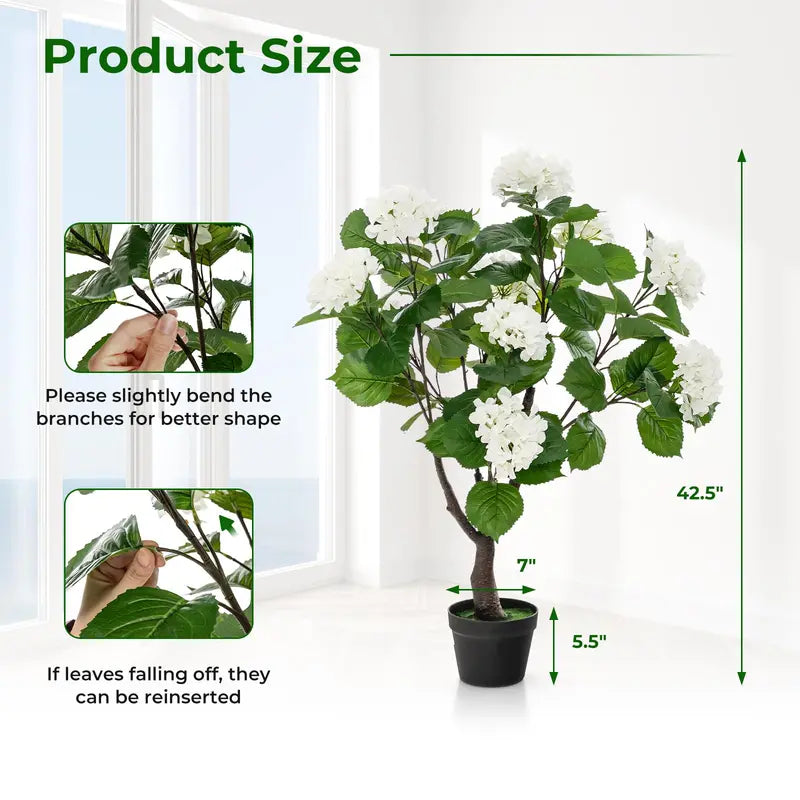 Set of 2 Artificial Hydrangea Trees Lifelike 11-Bloom Arrangements in Plastic Nursery Pots