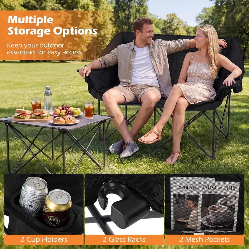 Dual-Seater Camping Chair with Cup Holders, Glass Racks & Mesh Storage
