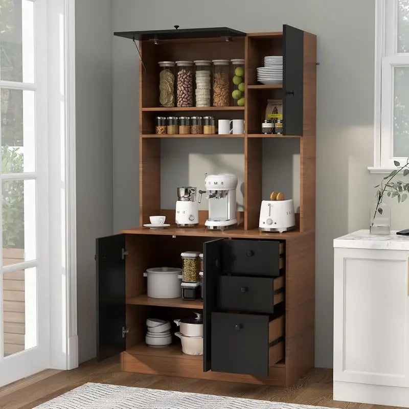 71-Inch Walnut Kitchen Pantry Hutch with Microwave Stand, Adjustable Shelving, 3 Drawers, and Spacious Countertop for Dining or Living Areas