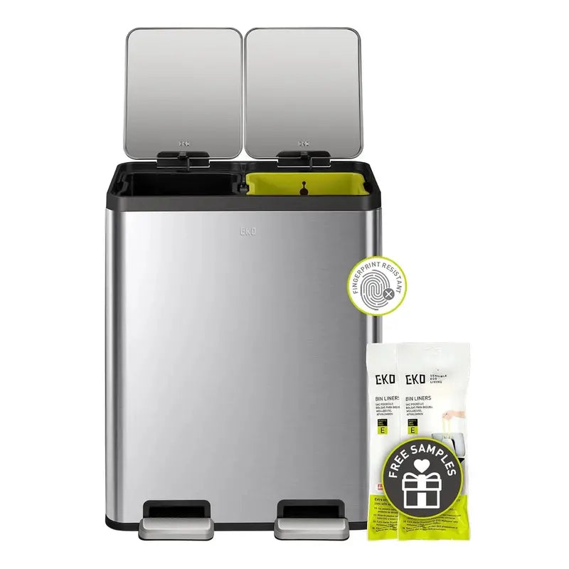 Dual 8-Gallon Stainless Steel Trash Can Set Includes Recycling Bin, Foot Pedal, Slow-Close Lids & Fingerprint-Resistant Finish