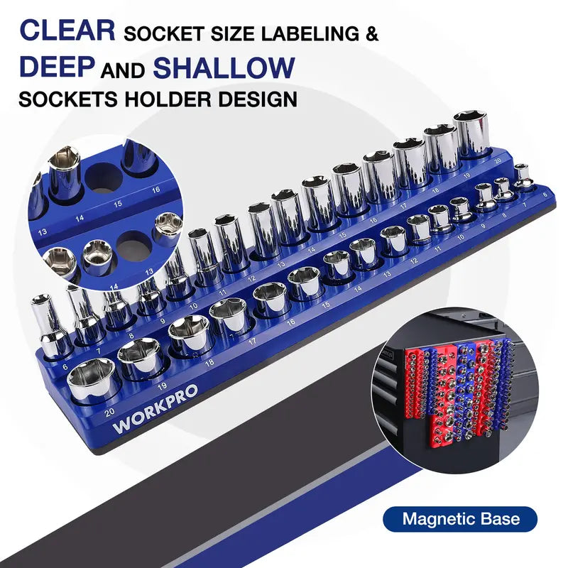 WORKPRO Magnetic Socket Organizer 6-Piece Tray System for 1/4″, 3/8″, and 1/2″ Drives, Holds 141 Standard Sizes
