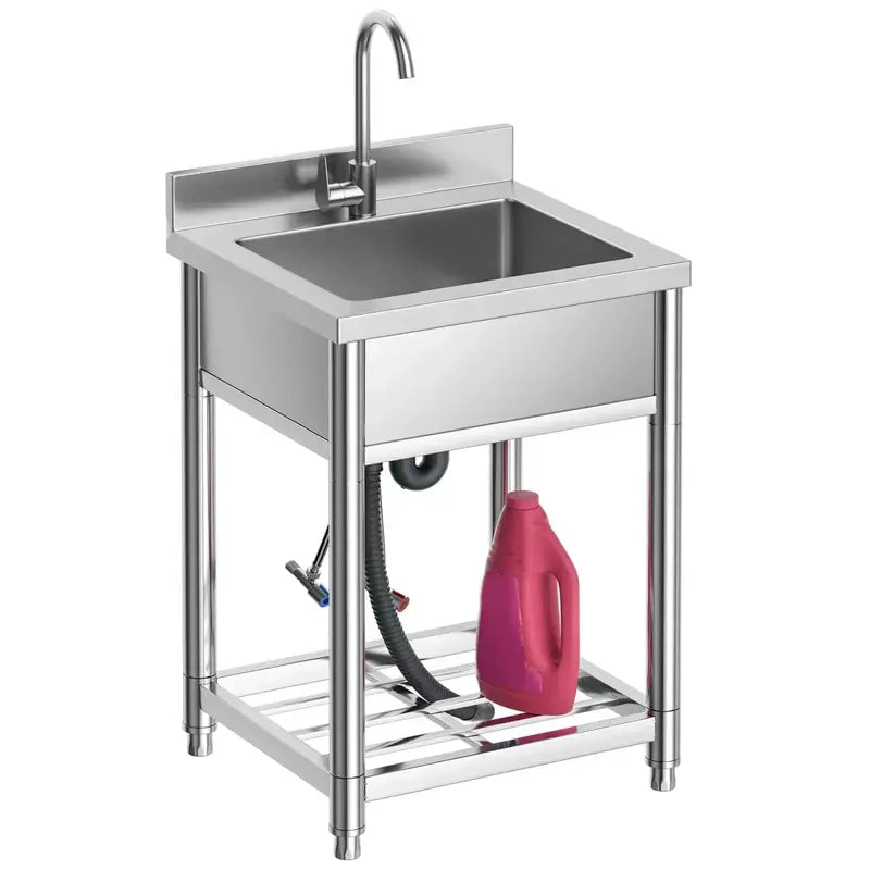 Freestanding Stainless Steel Utility Sink Single-Bowl Heavy-Duty Kitchen Sink with Dual-Temp Faucet