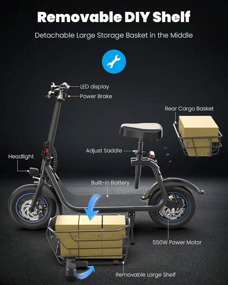 550W Electric Scooter with Front Basket Commuter-Friendly E-Scooter for Urban Travel