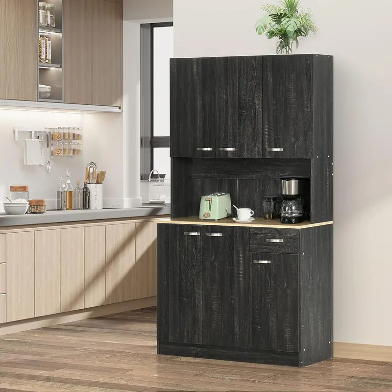 71-Inch Freestanding Grey Kitchen Buffet Cabinet Featuring Hutch Design, Microwave Storage, Coffee Bar Functionality, Adjustable Shelves, and Single Drawer