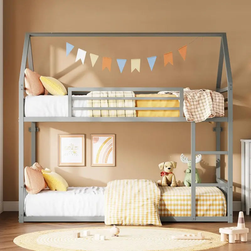 LIKIMIO House-Style Twin-over-Twin Bunk Bed with Decorative Guardrail and Reinforced Metal Slats
