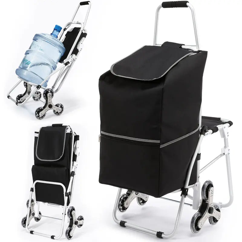 Foldable Stair-Climbing Shopping Cart 50L Capacity with Integrated Bag and Comfort Seat