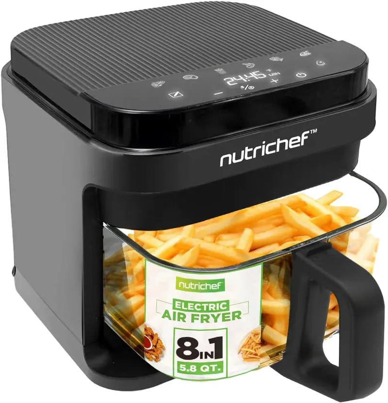 Nutrichef 5.8QT Transparent Air Fryer 8-Preset Digital Cooker with Clear Fry Bowl